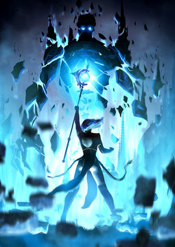  beautiful sexy sorceress, raising her staff up, summons a huge giant golem from the ruins of a Gothic city, it gathers from the wreckage ominously towering above the ground with glowing eyes 2d art