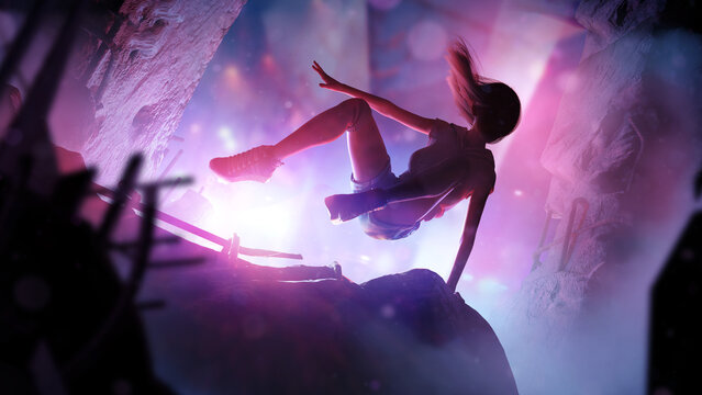 A teenage parkourist girl deftly escapes from the police chase by jumping over the wreckage of a building with a protruding rebar. She has long hair denim shorts, a tank top and sneakers 2d art