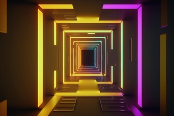 Abstract neon tunnel with rotating square frames. Abstract cycled background generative ai glowing in the dark, red blue gradient