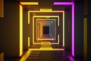 Fototapeta premium Abstract neon tunnel with rotating square frames. Abstract cycled background generative ai glowing in the dark, red blue gradient
