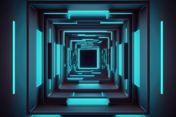Abstract neon tunnel with rotating square frames. Abstract cycled background generative ai glowing in the dark, red blue gradient