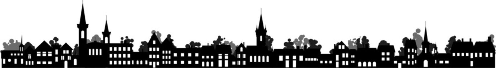 Old village rural stylized silhouette. Suburb with small house, church, tree and garden in residental district countryside neighborhood