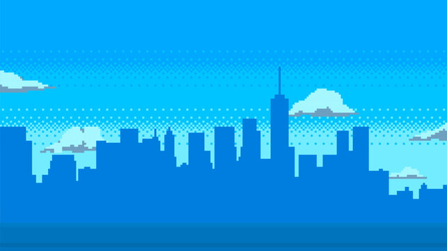 Pixel art game background with city silhouette and clouds. Vector illustration.