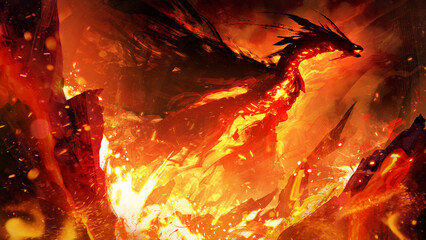 huge black enraged dragon pulls out of a bubbling lava volcano tearing rocks. Like a black ink shadow, he flies across the sky emitting waves of darkness, accumulating fiery energy in chest  2d art © warmtail