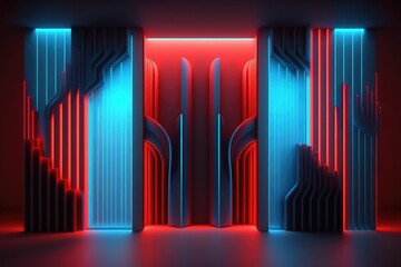 Abstract neon geometric walls with lights generative ai glowing in the dark red and blue gradient