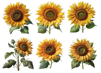 six different sunflowers on a transparent background, Generative AI