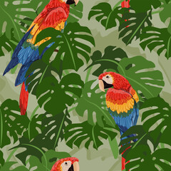 Fototapeta premium Seamless pattern with scarlet macaw parrots and tropical leaves. Wildlife of the jungle and tropical forests of the Amazon. Realistic trendy vector