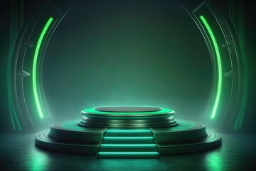 green futuristic empty podium stage with Smoke and neon light generative ai sci-fi alien stand platform	