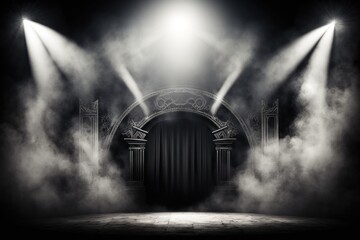 stage opening background with light effects and smoke. generative ai stand platform