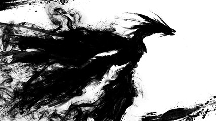 A black silhouette with a huge long-necked dragon flying across the sky and emitting darkness from ink and calligraphic strokes. expressive 2d isolated art with a huge spiked winged monster - 579706607
