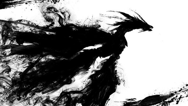 A black silhouette with a huge long-necked dragon flying across the sky and emitting darkness from ink and calligraphic strokes. expressive 2d isolated art with a huge spiked winged monster
