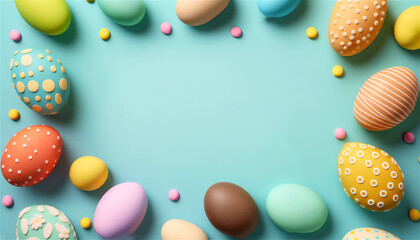 Fototapeta na wymiar Decorated easter eggs and space for text on colored background, top view --ar 16:9