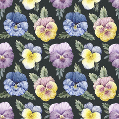 Watercolor seamless pattern with vintage illustrations of pansy flowers and leaves isolated on dark background.