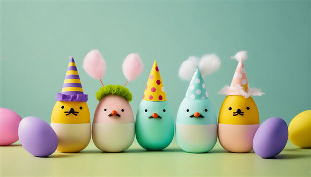 Easter holiday concept with cute handmade eggs, bunny, chicks and party hats