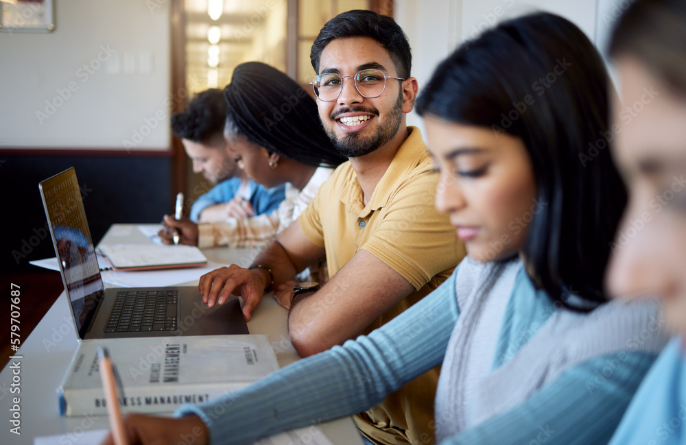 Poster education, university and students in lecture studying and learning business management. scholarship
