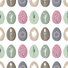 Vintage Easter eggs with spring flowers and symbols. Spring seamless pattern, rustic pastel background, doodle vector illustration.