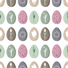 Vintage Easter eggs with spring flowers and symbols. Spring seamless pattern, rustic pastel background, doodle vector illustration.