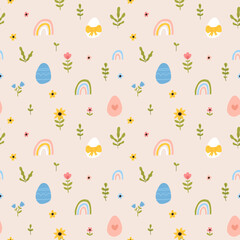 Vector color hand-drawn children cute easter seamless pattern with hens, bunny, easter eggs, flowers in scandinavian style. Easter colorful set. Doodle cartoon spring background. Happy easter.