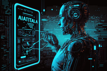 人工知能。技術を使っている人スマートロボットAI、何かを生成するためのコマンドプロンプトを入力することによって人工知能、未来的な技術の変換。AIとチャットする