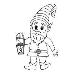 Fairytale Cute Gnome with a Lamp for Coloring. Vector Illustration Fairy Gnome with Beard