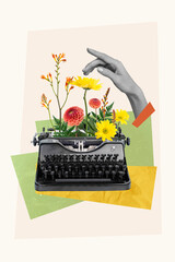 Collage 3d image of pinup pop retro sketch of arm writing old typing machine growing flowers isolated painting background