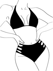 Sensual Linear Minimalistic Female Figure In Black Underwear. Vector Hand Drawn Illustration Of The Beautiful Woman Body. Design Idea For Tattoo, Card, Poster, Logo.