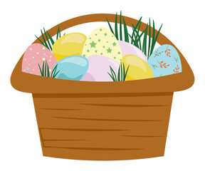 basket with easter eggs and flowers