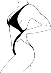Sensual Linear Minimalistic Female Figure In Black Underwear. Vector Hand Drawn Illustration Of The Beautiful Woman Body. Design Idea For Tattoo, Card, Poster, Logo.