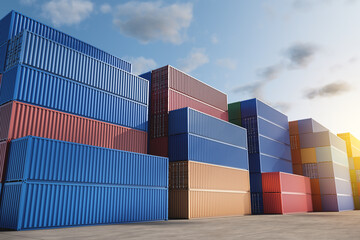 Warehouse of stacked cargo standard containers for temporary storage, loading, unloading and sorting at the container point. A lot of multi-colored containers on a specialized site.