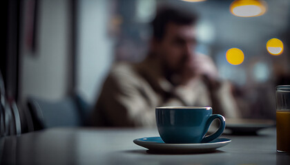 An image of a person sitting alone in a cafe with a cup of coffee generated by AI