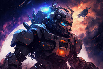 Robot in space dangerous look, designed for war