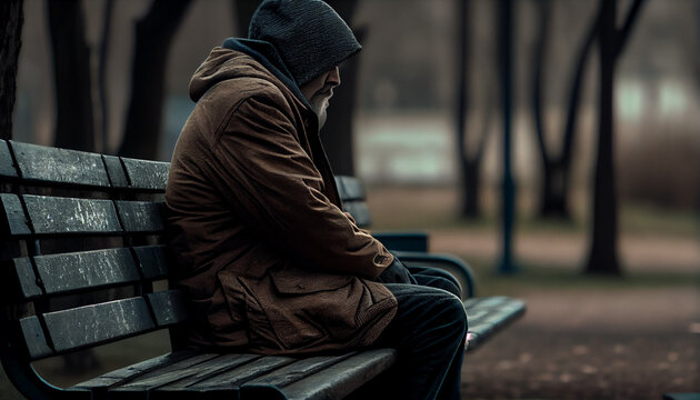 An image of a solitary person sitting on a bench with a sad expression on their face generated by AI