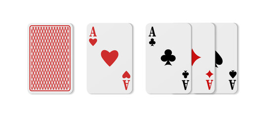  3s realistic vector icon. Playing cards of aces of diamonds clubs spades and hearts on white background.