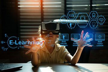 Youngsters with limitless learning opportunities who can study from anywhere in the world using online learning tools such as VR machines - obrazy, fototapety, plakaty