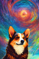 Abstract colorful asymetrical corgi dog. Created with generative AI technology. Fantasy illustration perfect for books, designs, posters. 