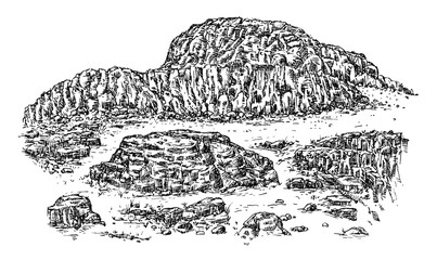 Mountain stone landscape in hand drawn sketch style. Vintage monochrome nature composition isolated on white background. Vector grayscale retro illustration.