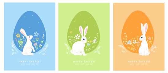 Happy Easter greeting posters set with cute white bunny, flowers in egg shape. Pastel spring season colors. Flat modern style vector illustration. Template for flyers, cards, banners, covers, decor.