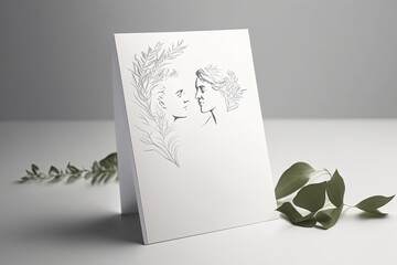Wedding invitation mockup. Blank paper card and branches  on the elegant background. Minimal bohemian style blank mockup, thank you card, greeting card. Generative AI.