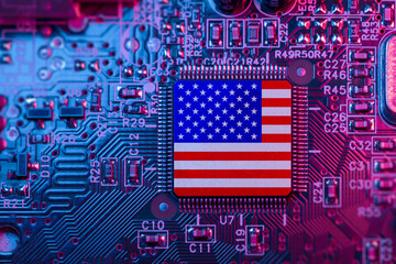 US flag on Computer Chips for Chip War Concept. USA Global chipmakers. Microchip on Motherboard...