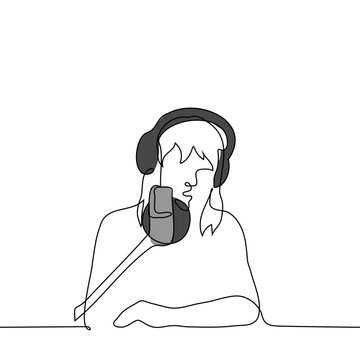 recommend clip art: woman in overhead headphones in front of a microphone sits - one line drawing vector. concept female author podcast