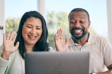 Mature couple on video call for home networking, international conversation and talking to people online. Virtual communication, wave hello and happy biracial woman with her partner on laptop - Powered by Adobe