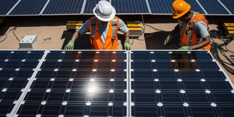Fototapeta ouvriers travaillant à l'installation de panneaux photovoltaïques, solaire obraz