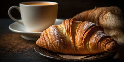 Tasse de café avec croissant dans une petite assiette posé sur une table en bois, scène de petit déjeuné