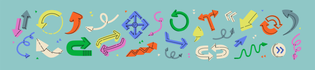 Various arrows in hand drawn cartoon style. Up, down, forward, circle, next, cursor, rewind, refresh, update, upload, download, back. Curve aims in different vector shapes. All icons are isolated