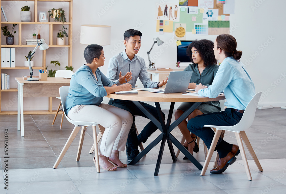 Aufkleber meeting, teamwork and strategy with a team of business people sitting in the boardroom for planning.