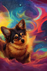 Abstract colorful asymetrical corgi dog. Created with generative AI technology. Fantasy illustration perfect for books, designs, posters. 