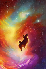 Obraz na płótnie Canvas Abstract colorful asymetrical corgi dog. Created with generative AI technology. Fantasy illustration perfect for books, designs, posters. 