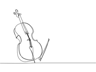 Cello one line art. Continuous line drawing of musical, melody, violin, vintage, music, retro, symphonic, orchestra, playing, instrument, fiddle, viola, symphony, musician, string.