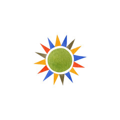 Watercolor illustration of sun isolated on white background in folk art style.