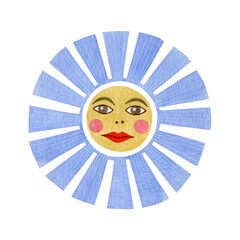 Watercolor illustration of sun isolated on white background in folk art style.